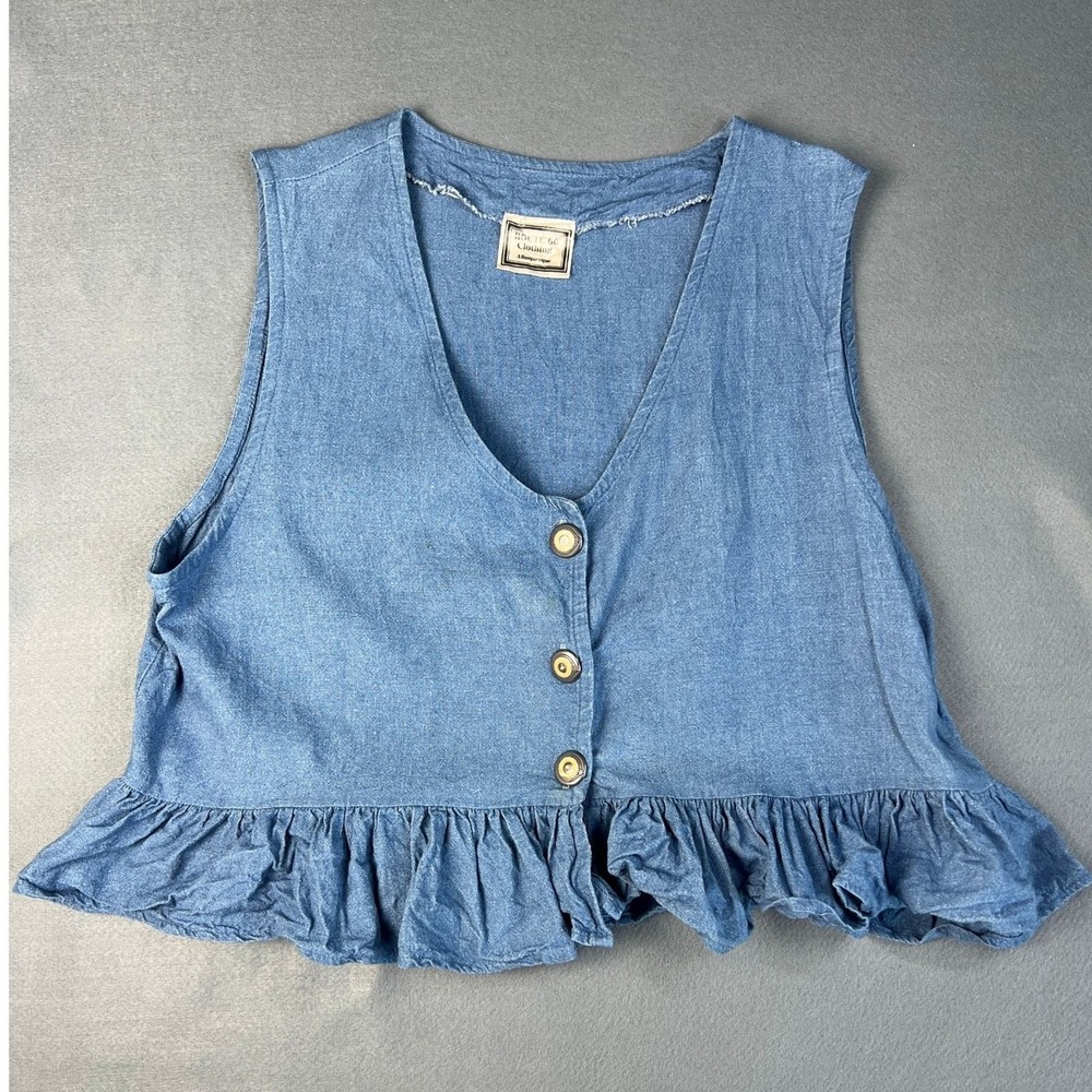 Route 66 Chambray Ruffle Vest Cottagecore Boho Coastal Blue Cotton Small